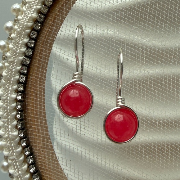 Hand Crafted Jewelry - Berry Pink Jade Wire Wrapped Minimalist Silver Earrings